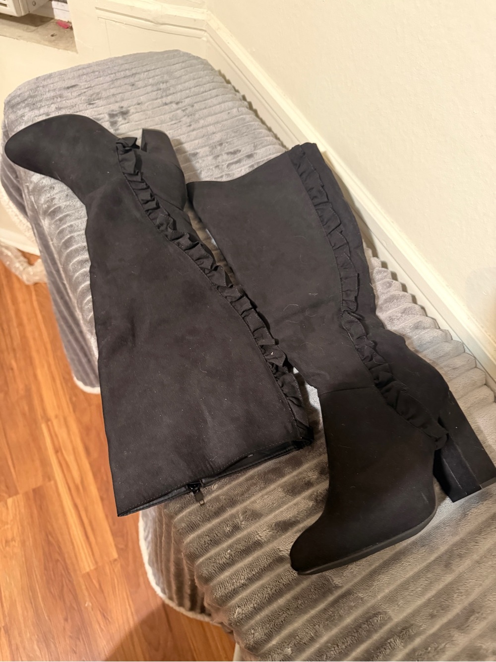 Black Ruffle-Trim Knee High Women's Boots